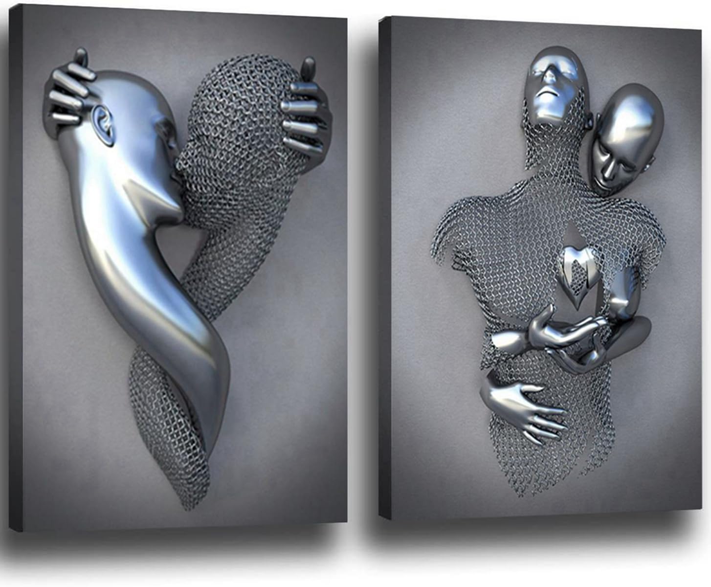 3D Lovers Sculpture Poster Metal Figure Statue Art Canvas Painting Romantic Abstract Poster and Prints Modern Living Room Home Decor - Without Frame (2pcs-30x40cm, Figure-3)