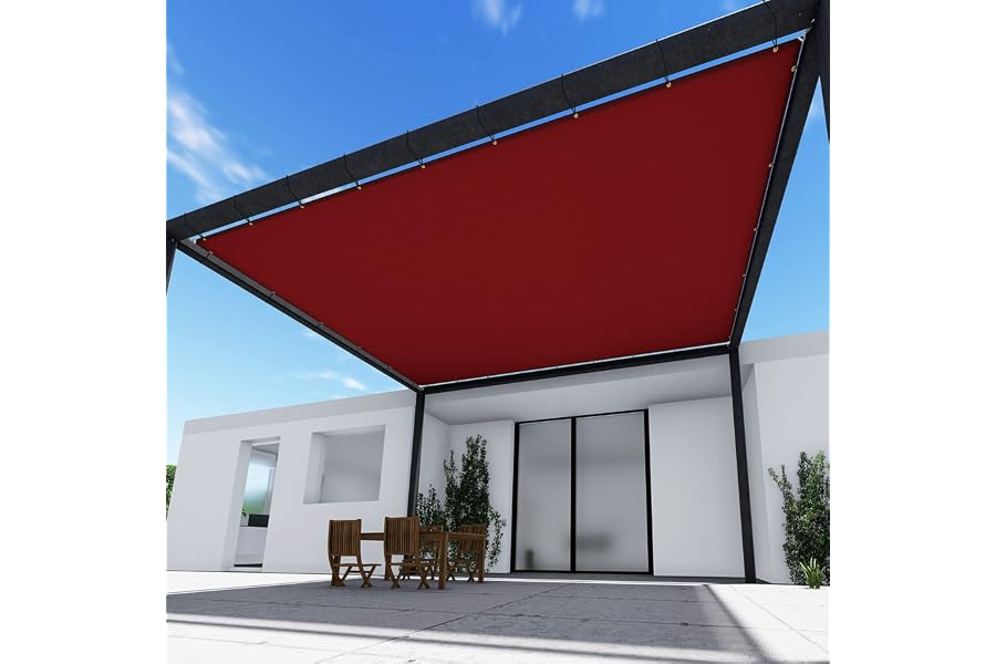TANG 15' x 15' Waterproof Shade Cloth with Grommets, Sun Shade Sail Rectangle Straight Side, 260 GSM UV Block Fabric Patio Canopy for Deck Carport Backyard Pergola Cover, Red