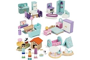 Lehoo Castle Wooden Dollhouse Furniture Set 39 Pcs with 5 Rooms, Family Dolls & Pets, All-Wooden Doll House Accessories and Furniture, Pretend Play Dollhouse Accessories Toy Gift for Kids 3+