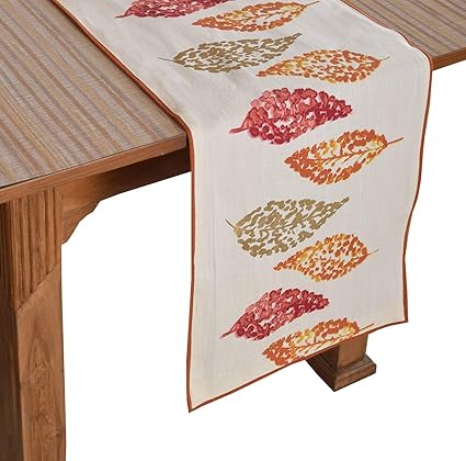 Bilberry Furnishing By Preeti Grover 100% Cotton Beige & Orange Leaf Printed Table Runner (TR_01) - (Table Runner Size 14x72)