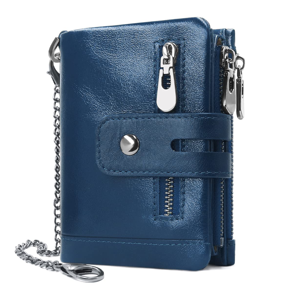 REETEE Ladies Leather Purse RFID Blocking Women's Wallet Multiple Compartment Zipper Coin Purse and 16 Card Slots Bifold Leather Lady Wallet with Chain,Small Womens Purses Leather(Blue)