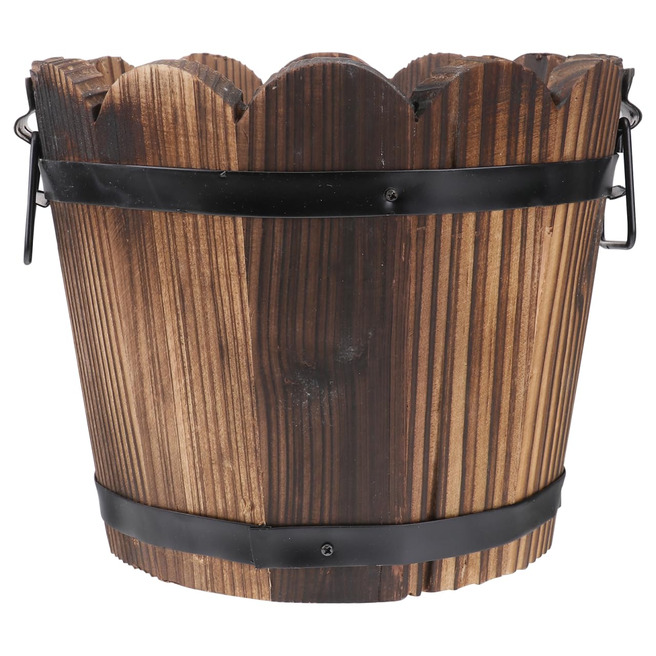 Happyyami Solid Wood Carbonised Flower Pot Rustic Wooden Barrel Planter with Drainage Hole for Indoor Outdoor Home Decor Succulents Small Plants 7.3 Inch