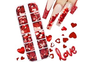 KZBTRBT Holographic Nail Art Glitters for Valentine Day Charms Nail Decorations Love Heart Nail Sequins Sparkle Nail Flakes Red Heart Stickers Decals for Acrylic Nail Supplies Manicure Tips Accessories12 Grid