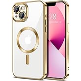 Hython Magnetic Clear for iPhone 13 Case with Camera Lens Protector [Compatible with MagSafe] Luxury Plating Edge Slim Soft TPU Cover Protective Phone Case for iPhone 13 6.1", Gold