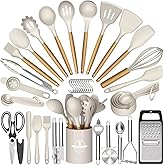 Kitchen Utensils Set,Vegoran 44PCS Silicone Cooking Utensils Set for Nonstick Cookware,446℉ Heat Resistance Silicone Spatulas Set, Wooden Handles Kitchen Gadgets Tools Set (Khaki)