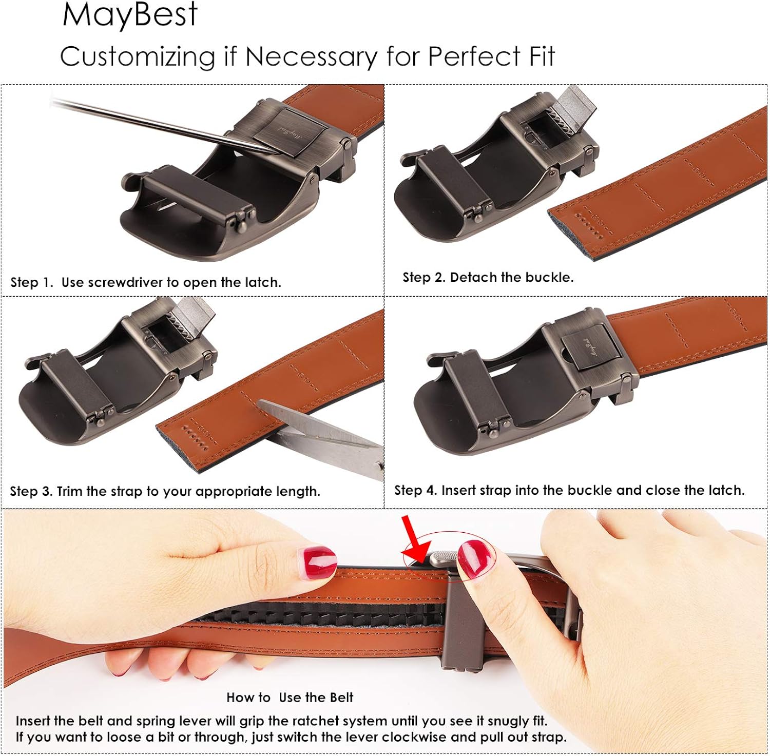 MayBest Genuine Leather Slide Ratchet Belt for Men with Automatic Buckle-Trim to Fit at  Men’s Clothing store