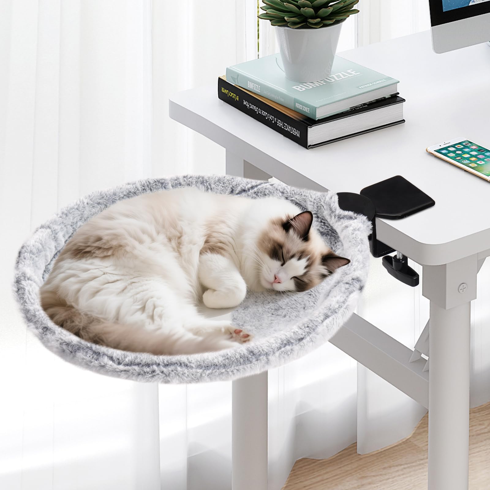 Photo 1 of Uross Cat Desk Bed - 180° Rotating Soft & Comfortable Rabbit Fur Bed, Modern Indoor Cat Nest Furniture for Office Desks and Game Tables, Island Table-Supports 50 lbs (LightGrey)