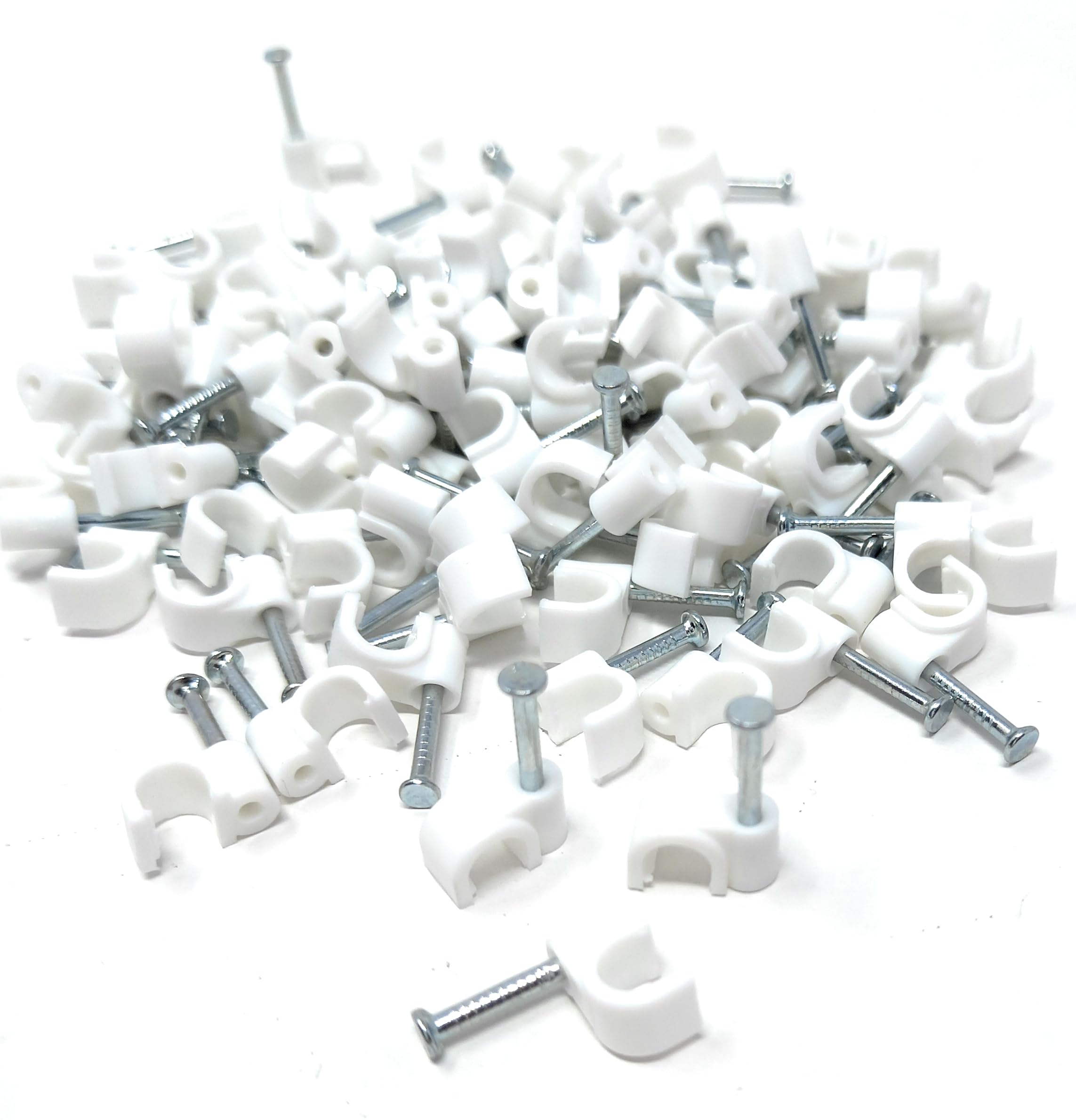 Pack of 100 Round Cable Clips with Nails - Durable & Versatile - Ideal for Cable Management (White, 12mm)