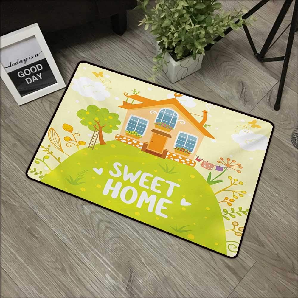 Anzhutwelve Home Sweet Home,Heavy Duty Doormat Cartoon Style Cottage Hut on Green Hilltop with Flourishing Garden Morning W 31" x L 47" Outdoor rubber mats Multicolor