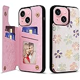 UEEBAI Wallet Case for iPhone 15 with Card Holders, PU Leather Cover Kickstand RFID Blocking Double Magnetic Clasp Rilievo Flower Shockproof Flip Case for Women Girls - White Daisy