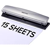 Bostitch 3 Hole Paper Punch, 15 Sheet Capacity, Metal Hole Puncher with Chip Tray, Non-Slip Base, 9/32" Holes, Standard Style