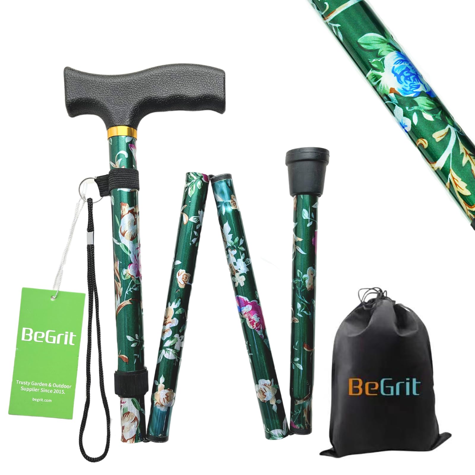 BeGrit Walking Sticks for Women Folding Walking Sticks Adjustable Walking Stick Collapsible Lightweight Flexible Stick Comfortable Grip Durable Mobility Aid for Ladies Men(Green)