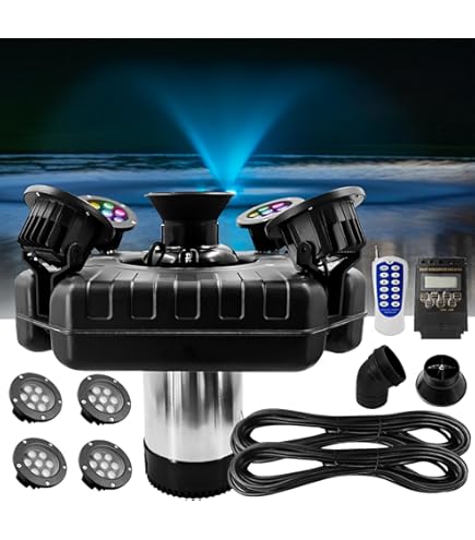 Pond Fountain Aerator with 4 RGB Lights, 1HP 750W 110V Stainless Steel Floating Water Fountain Pump with 100Ft Power Cord, Octagon Aerating Decor for Large Small Ponds&Lakes, 2 x 100Ft Traction Rope Pond Fountain Aerator with 4 RGB Lights, 1HP 750W 110V Stainless Steel Floating Water Fountain Pump with 100Ft Power Cord, Octagon Aerating Decor for Large Small Ponds&Lakes, 2 x 100Ft Traction Rope