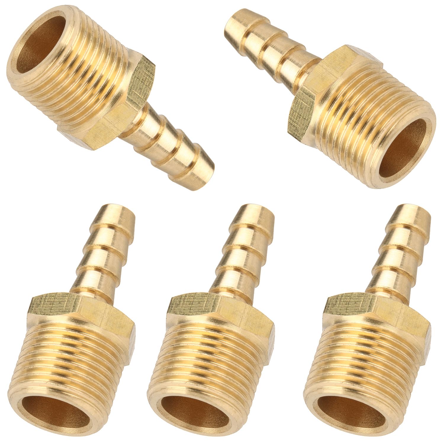 LTWFITTING Brass 3/8-Inch Male BSPT x 6mm Hose Barb Coupler Adapter Fitting for Vehicle Fuel System, HVAC System (Pack of 5)