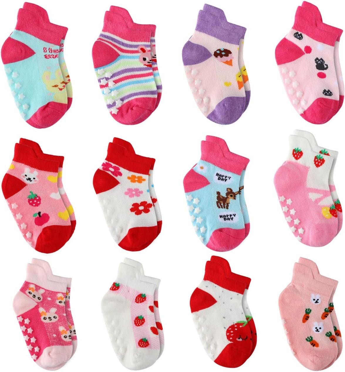 12 Pairs Toddler Girl Grips Socks, Baby Ankle Socks Girl Cotton Socks Anti Slip for Kids