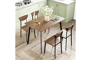 furlinkhm Kitchen Dining Table Set for 4, Modern Rectangular 5 Piece Dining Room Table and Chairs Set, Brown Wooden Metal Table Set for Family Dinner, Party, Afternoon Tea and Work (Curved Moon)