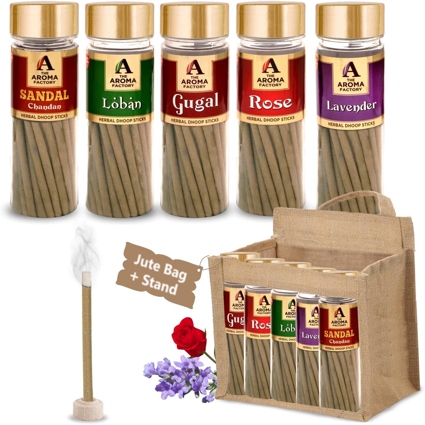 The Aroma Factory Organic Bamboo-less Incense Sticks | Non Toxic | Aromatic Fragrances Dhoop Battis | Combo of 5 Jar x 100Gram | Jute Gift Set with Wooden Holder