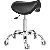 BEWISHOME Saddle Stool with Wheels, Swivel Adjustable Rolling Stool,Heavy Duty PU Leather Wide Thick Seat Padding Ergonomic Chair for Beauty Salon Spa Clinic(Black) BMD01B