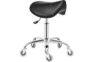 BEWISHOME Saddle Stool with Wheels, Swivel Adjustable Rolling Stool,Heavy Duty PU Leather Wide Thick Seat Padding Ergonomic Chair for Beauty Salon Spa Clinic(Black) BMD01B