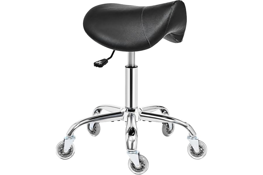 BEWISHOME Saddle Stool with Wheels, Swivel Adjustable Rolling Stool,Heavy Duty PU Leather Wide Thick Seat Padding Ergonomic Chair for Beauty Salon Spa Clinic(Black) BMD01B