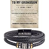 To My Grandson -I Love You Forever Bracelet, Personalized Multi-Layer Braided Leather Bracelet Stainless Steel Black Inspirational Bangle Wristband Graduation Birthday Jewelry for Grandson from Grandma