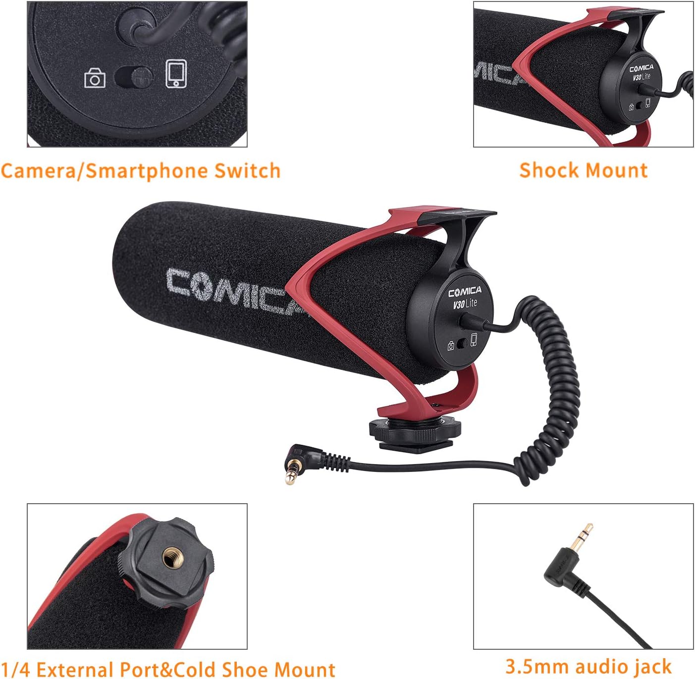 COMICA CVM-V30 LITE Video Microphone Super-Cardioid Condenser On-Camera Shotgun Microphone for Canon Nikon Sony Panasonic Camera/DSLR/Iphone Samsung Huawei(Red) - Image 5