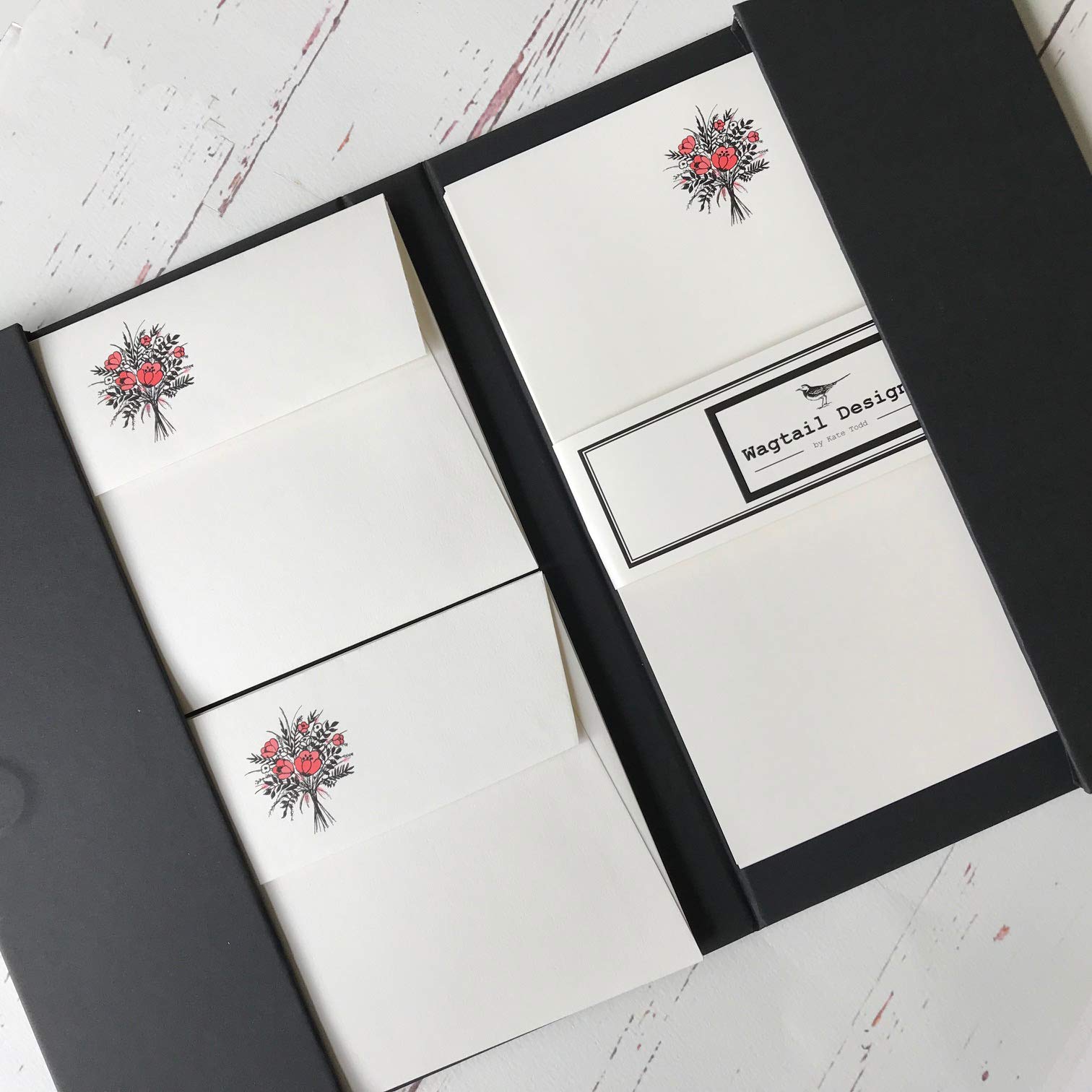 Wagtail Designs Writing Paper Gift Set with a Bouquet of Flowers Illustration in a Lovely Black Writing Case Style Folder (18 Sheets and 18 envelopes)