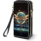 FVAENDHIO Women's Large Capacity Wallet PU Leather Double Zipper Clutch Purse Multifunctional Wallet with Removable Wristlet Strap for Smart Phone/Coin/Card/Cash - Dragonfly