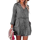 Nitzana Denim Shirt Dress for Women Long Sleeve Button Down Shirts V Neck Mini Casual Jean Dresses 2026 Trendy Outfits