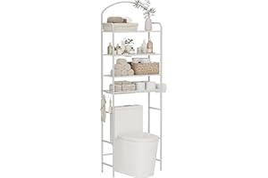 Cerlyunzan 4-Tier Over The Toilet Storage, Bathroom Organizer, Space-Saving, Above Toilet Storage Rack with 4 Hooks and Paper Holder, Metal Shelf, White