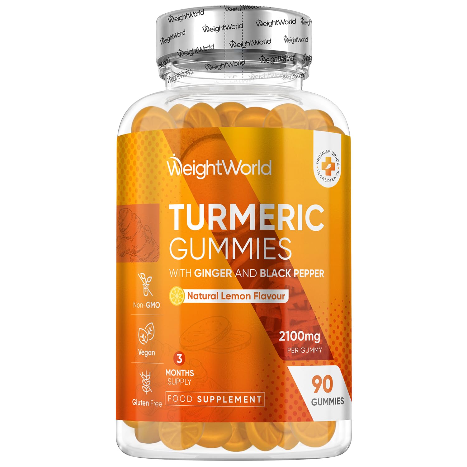 Turmeric Gummies with Black Pepper & Ginger 2100mg | 90 Vegan Gummies | Natural Lemon Flavour | 3 Months Supply | Non-GMO & Gluten Free | 3-in-1 Turmeric Supplement for Men & Women