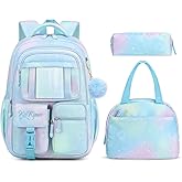 Tanou Backpack with Lunch Box for Girls, Kawaii Set School Bag for Kid Elementary Middle School, Aesthetic Laptop Bookbag Lightweight, Blue