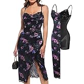Popilush Shapewear Corset Dress Women's Satin Ruched Midi Dress Cocktail Date Night Classy Dresses with Lace Trim Bra