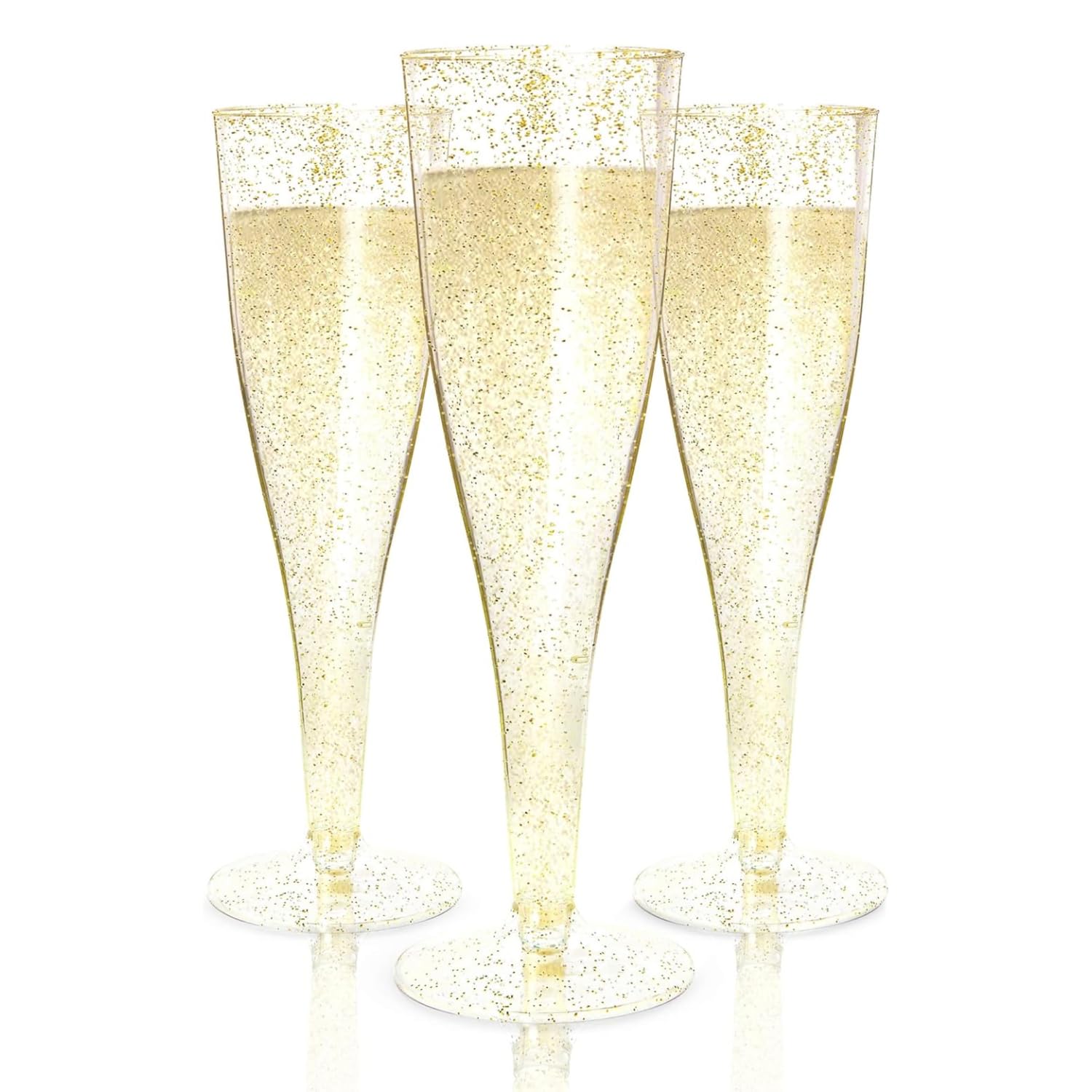 Photo 1 of Prestee 200 Disposable Champagne Flutes Gold Glitter Glasses - 4.5 Oz Plastic Champagne Cups for Parties, Wedding Toasts, Mimosa Bar, and New Year’s Eve - Elegant Bulk Gold Plastic Wine Flutes