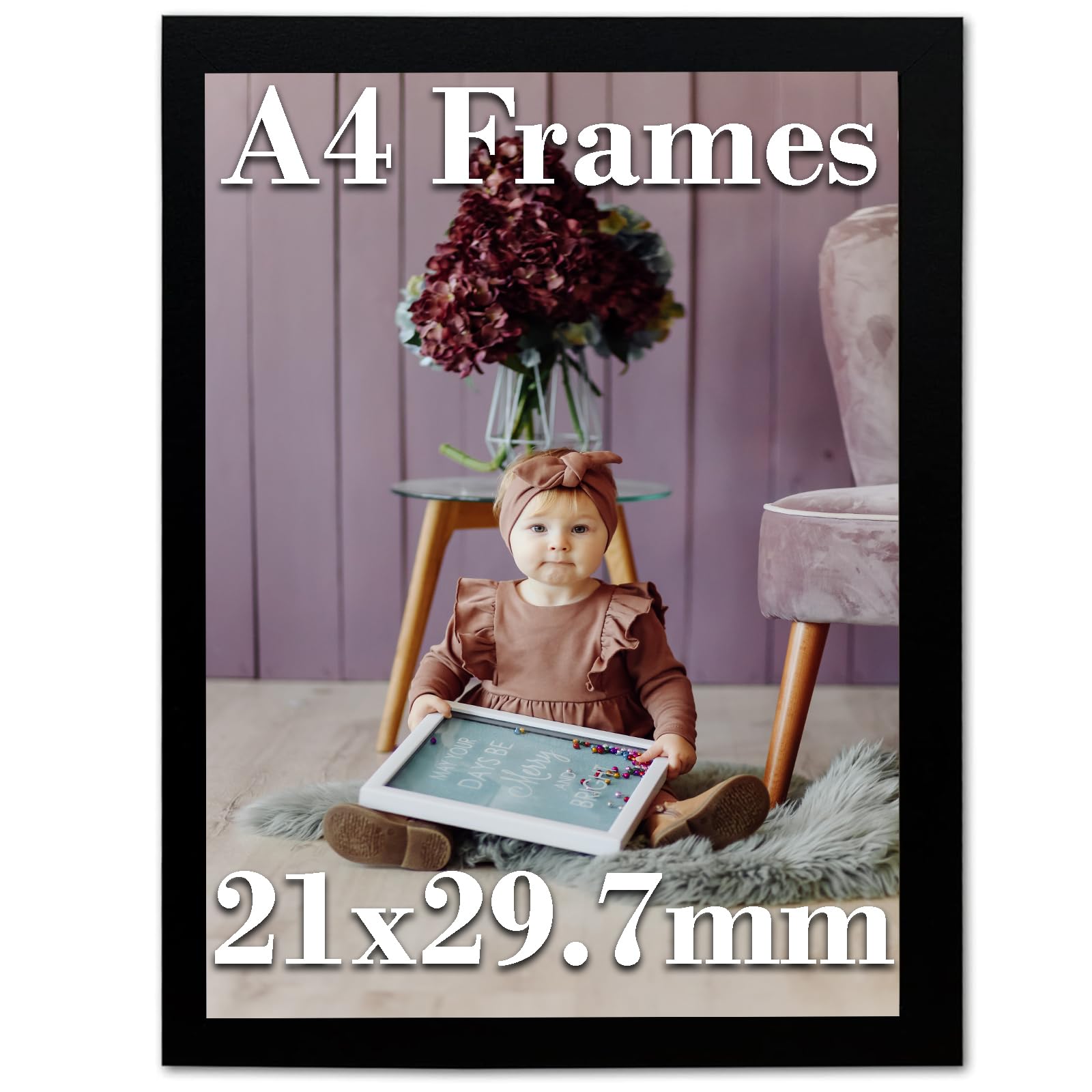 A4 Black Photo Frame Without Stand - Picture Frame, Certificate Frame, Freestanding and Wall Mountable, Flat Shape |-With Acrylic Perspex Safety Glass