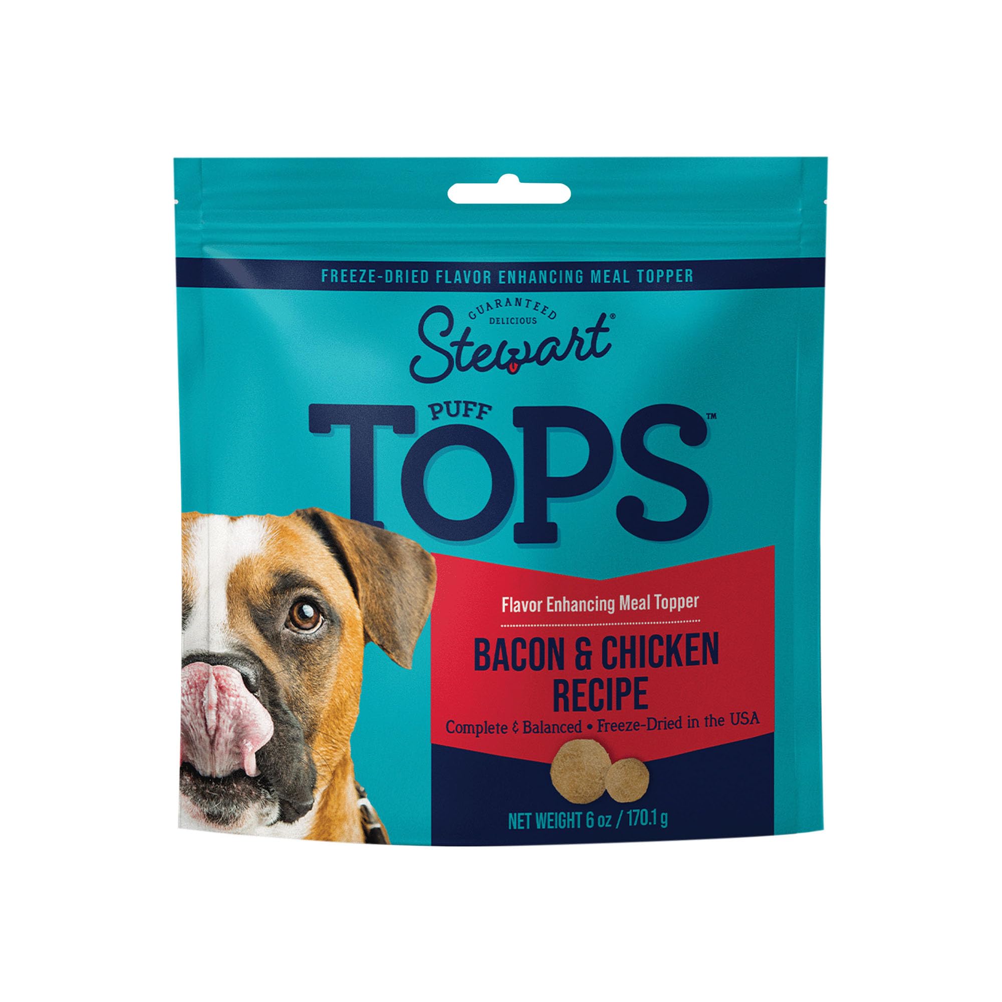 Stewart Freeze Dried Dog Food Topper, PuffTops, Bacon, Chicken, Apple & Kale, 6 Ounce Resealable Pouch, Flavor Enhancing Meal Topper or Dog Treat, Made in USA