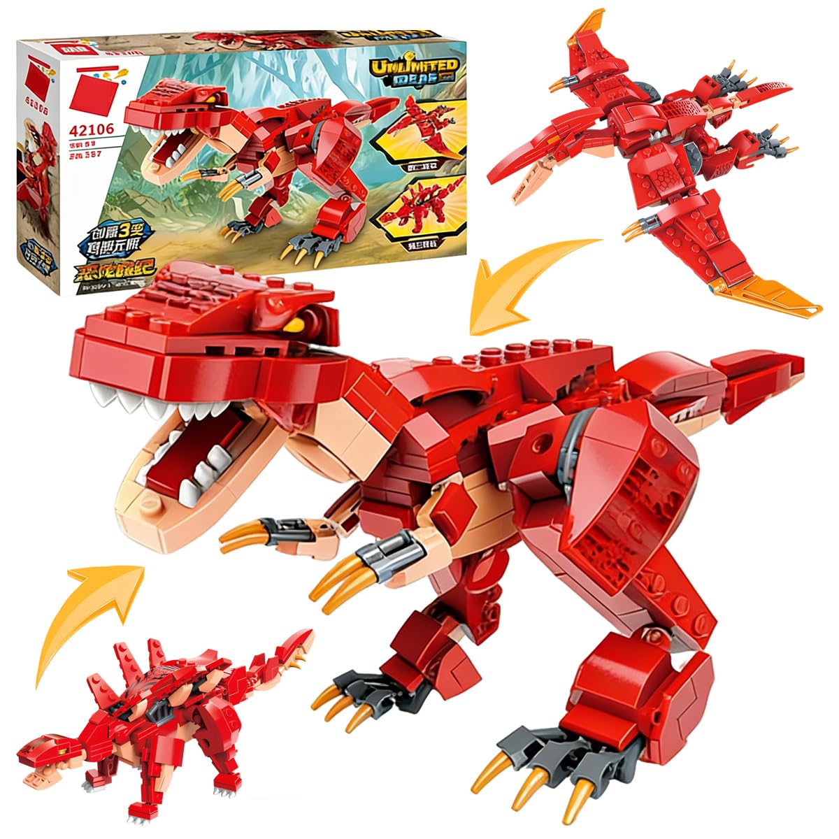 MOPQMKT Jurassic Dinosaur Clamping Blocks, Jurassic Dinosaur STEM 3-in-1 Toy Dino Clamp Building Blocks, Dinosaurs World T-Rex Building Set, Birthday Gift Set for Boys & Girls (287 Pieces)