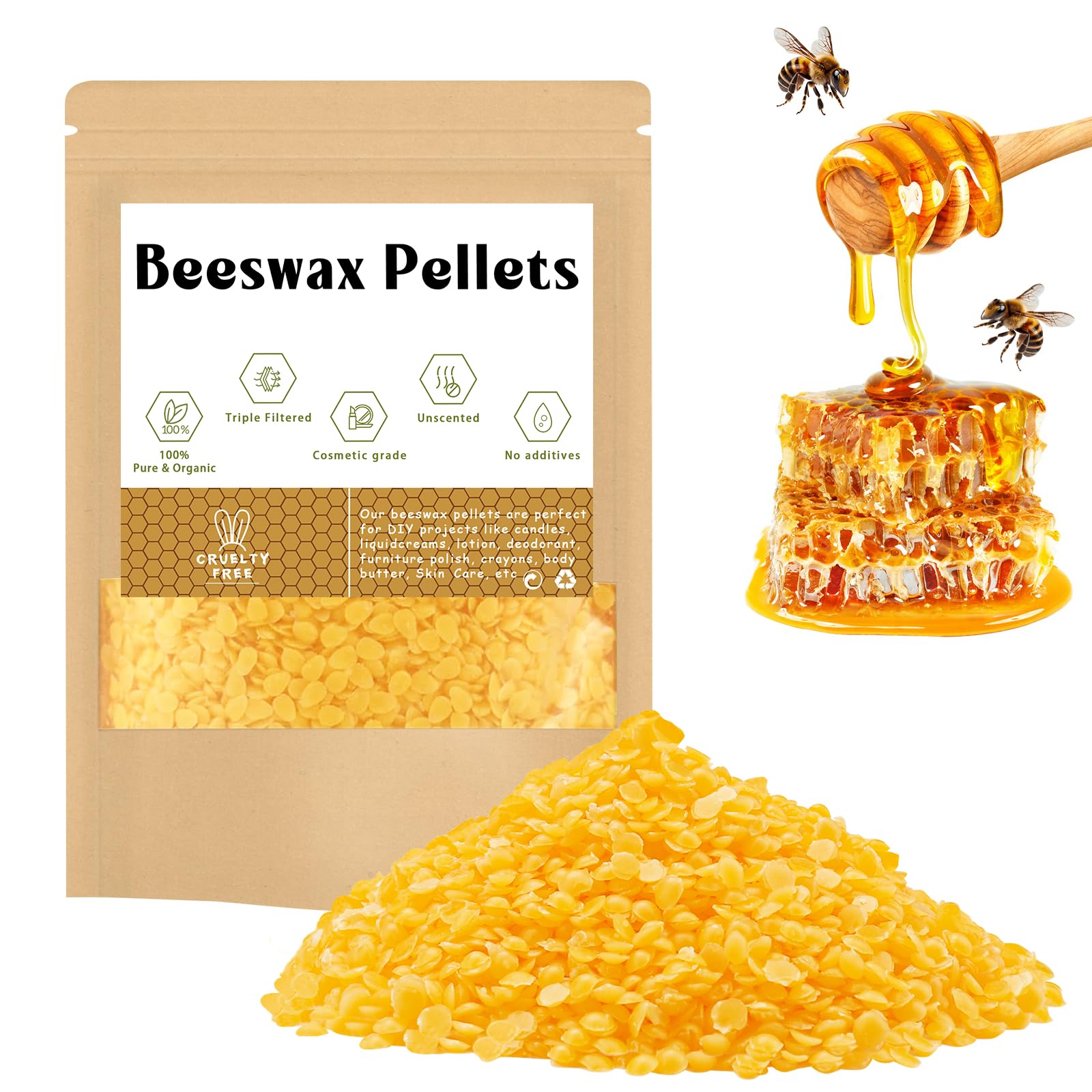 Beeswax Pellets, 200g Yellow Beeswax Pellets for Candle Making, Organic Beeswax Pellets Cosmetic Grade for DIY Candles, Skin, Body Care, Lip Balm and Soap Making Supplies
