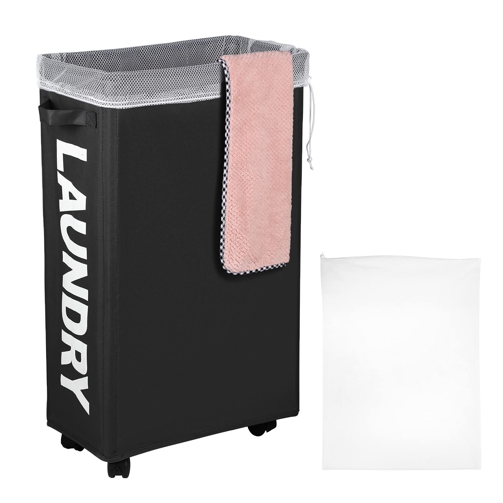 IHOMAGIC 62L Laundry Baskets with Wheels, Tall Thin Laundry Hamper with Removable Mesh Laundry Bags – Collapsible Dirty Clothes Bag Handles, Portable Storage Bin for Narrow Space, Corners (Black)