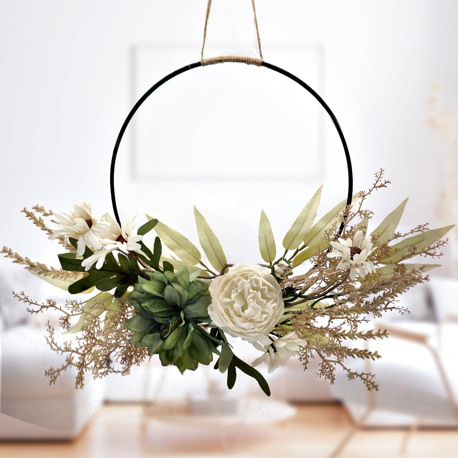 Door Wreath Wreath Decoration, Artificial Flowers Camellia Rose Wreath Garland Welcome Door Wreath Autumn Wall Wreath Metal Decorative Rings Spring Decoration for Easter Wedding Living Room Wedding