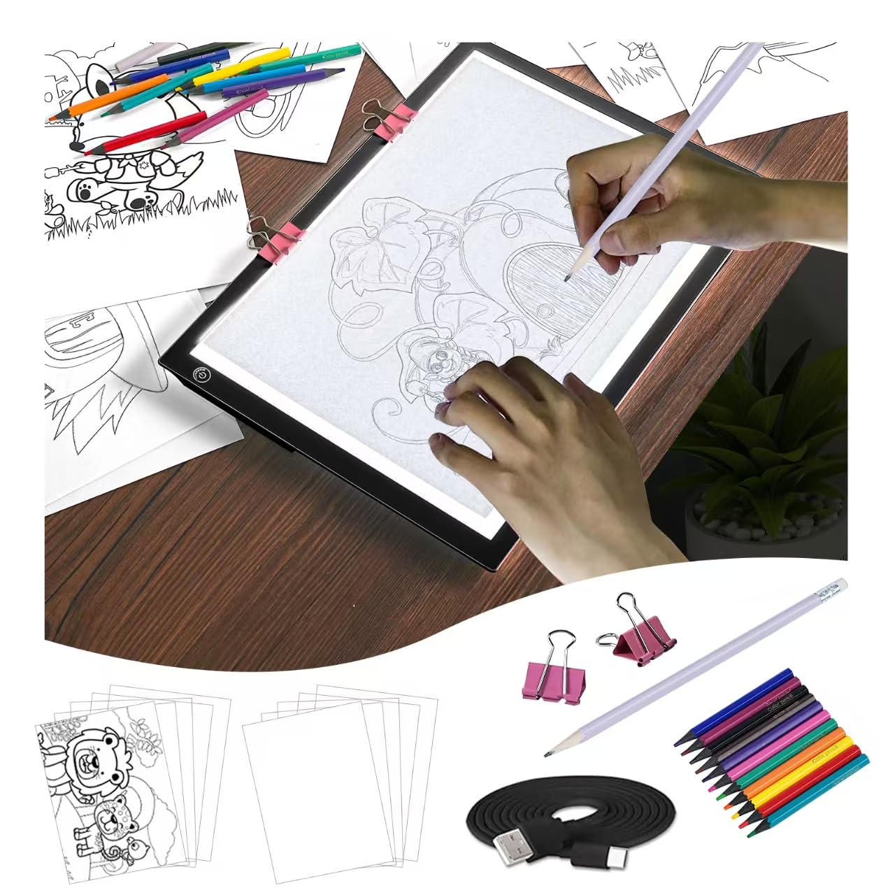 Photo 1 of LooEooDoo A4 Rechargeable Tracing Light Pad Kit,Dimmable Light up Box LED Tracer Board Arts and Crafts Writing Drawing Pad for Weeding Vinyl, Diamond Art, Sketching, Tracing and Animation (Black)