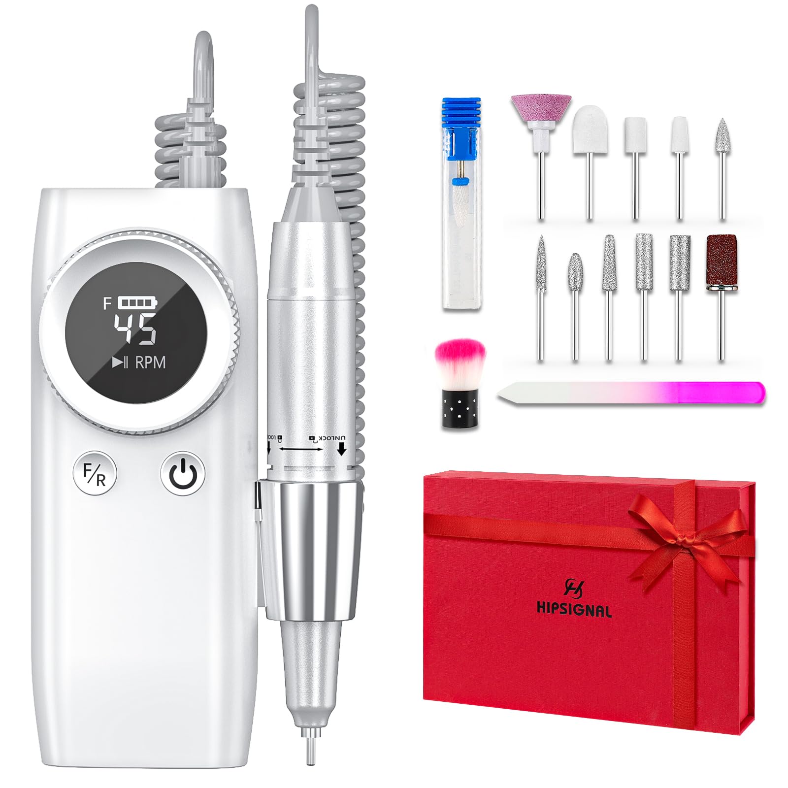 Professional Electric Nail Drill Machine, Hipsignal 45000 RPM Nail File for Acrylic and Gel Nails, Rechargeable Portable Manicure Pedicure Kit with 12 Bits for Home Salon, Christmas Gift for Women