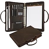 Leather Portfolio Binder with Clipboard, Letter Size Notepad Padfolio with Handle, Work Portfolio Organizer for Men, Dark Khaki