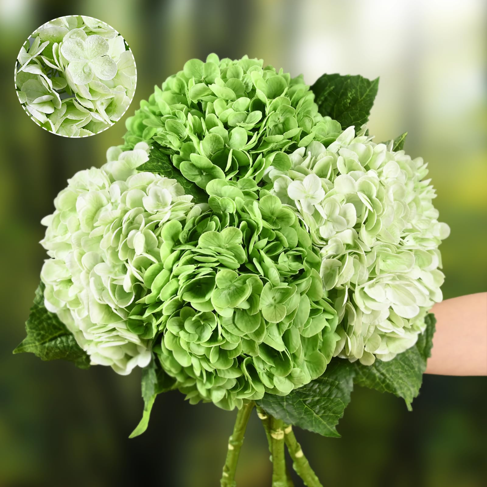 Photo 1 of Real Touch Hydrangea Artificial Flowers, 2 Light Green & 2 Dark Green Real Touch Flowers, 21" Faux Hydrangea Flowers, Fake Hydrangea Flowers for Outdoor Wedding Office Home Decor Table Centerpieces