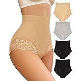 MIOTAN Women's Underwear High Waisted Light Tummy Control Lace Ladies Panties Full Coverage High-Cut Nylon 4 Pack S-XXL