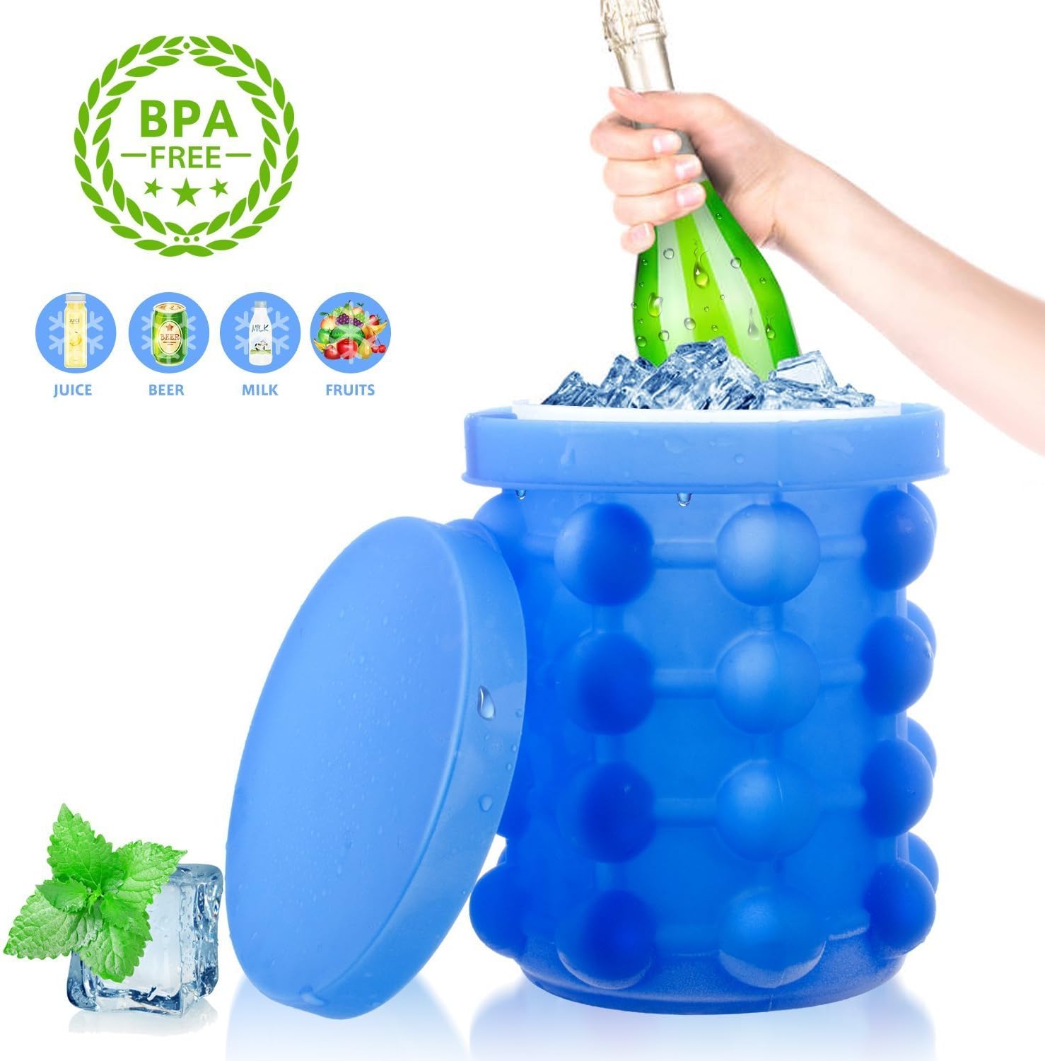 Love77 Ice Cube Maker, Ice Genie Silicone Ice Cubes Tray Moulds Bucket Reusable Round Ice Cube Maker Space Saving Tool with Lid for Home Party Travel Cocktails Beer Whiskey 2018 Football World Cup