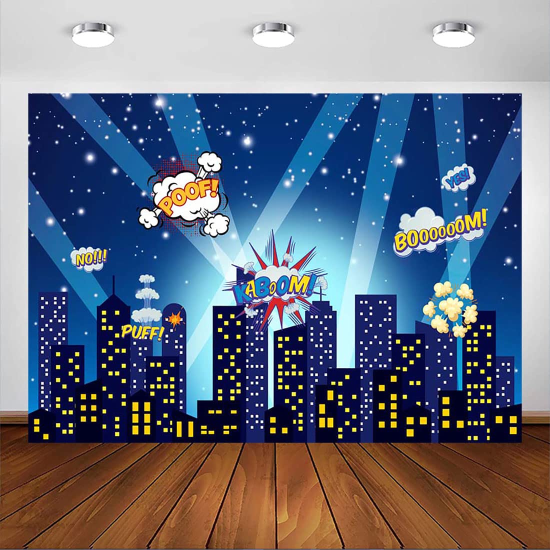 Mehofoto Cityscape Backdrop Superhero Spotlight Shining Stars Night City Photography Background Backdrops 7x5 Vinyl