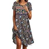 Womens Sundress 2025 Summer Boho Floral Short Sleeve Crewneck Elastic Waist Midi Dress Casual A-Line Flowy Knee Lenth Dress with Pocket Navy Size L