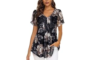 Misyula V Neck Short Sleeve Double Layers Elastic Mesh Blouse Casual Flowy Tunic Tops