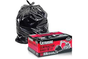 Ultrasac Heavy Duty Contractor Bags (VALUE 50 PACK/w TIES), 42 Gallon, 32.75" X 47" - 3 MIL Thick Large Black Industrial Garbage Trashbags for Construction and Commercial use